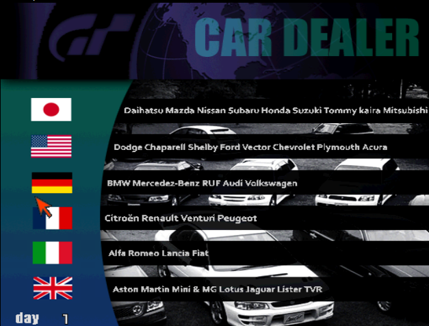 Gran Turismo 2 Concept Car Selection Screen